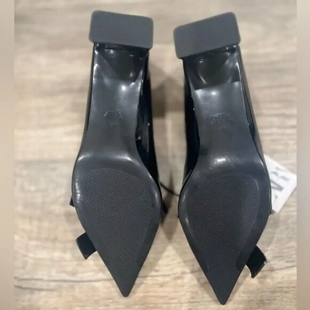 ZARA Black Patent Bow Pumps Pointed Toe Block Heel Office Shoes NWT 6.5